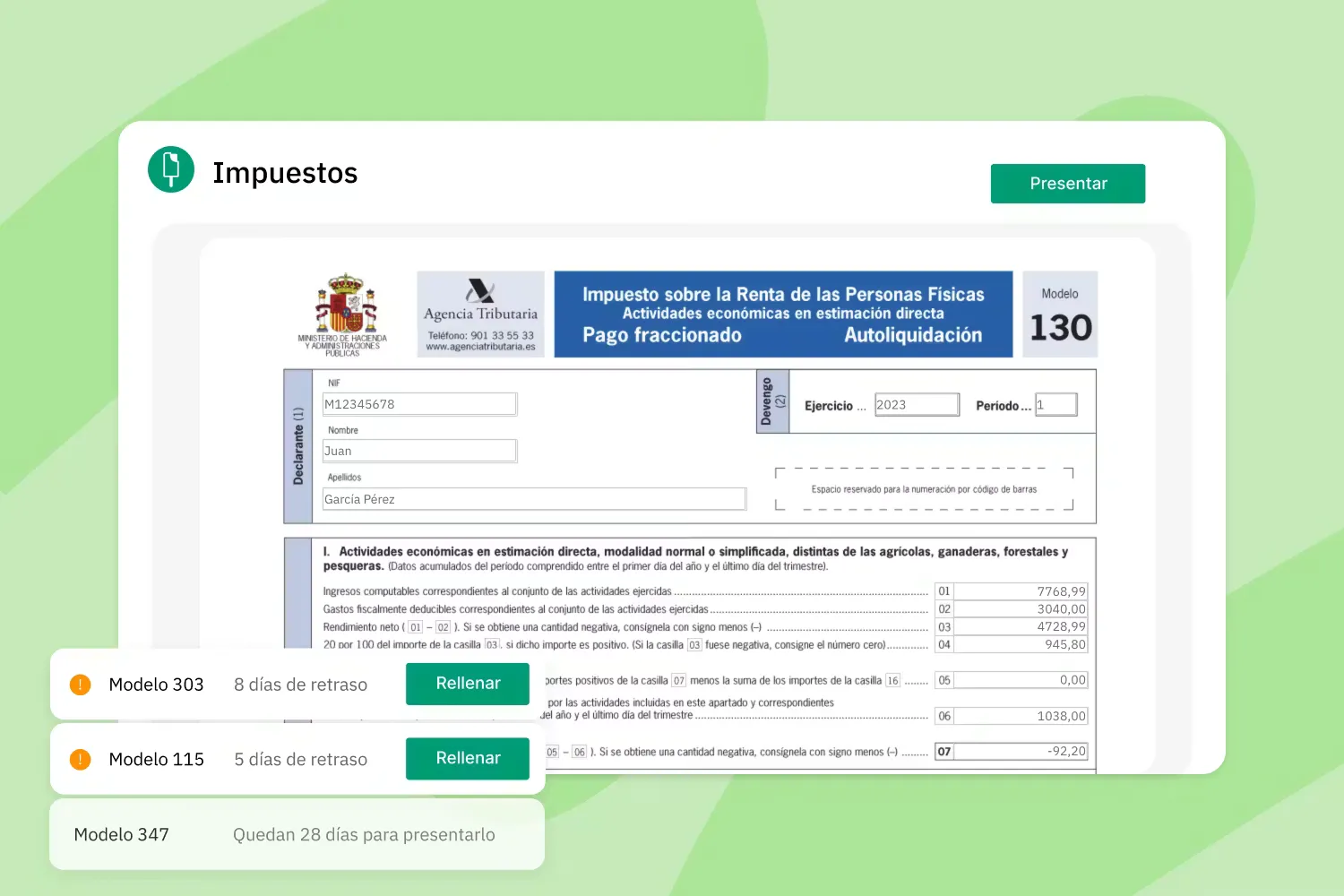 Captura de Quipu: Impuestos: prepara y presenta tus modelos (130, 303, 115…) desde la propia herramienta.