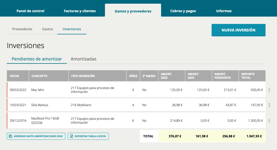 Captura de Cuéntica: Inversiones y amortizaciones: años, importe amortizado por ejercicio y lo pendiente, con generación del gasto de amortización.