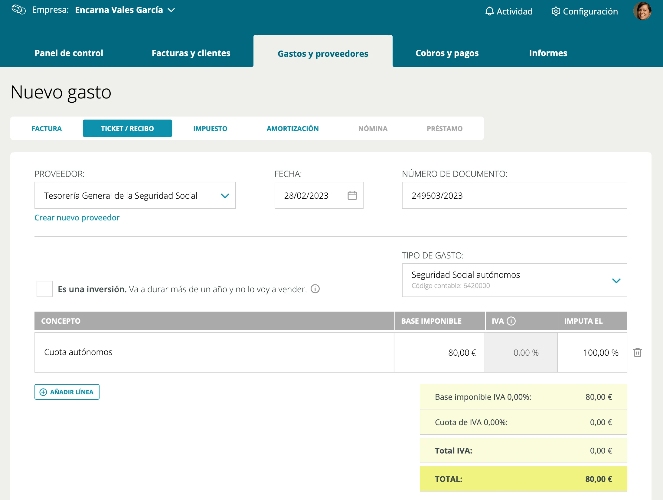 Captura de Cuéntica: Registrar un gasto por tipo (factura, ticket, impuesto, amortización, nómina o préstamo), con su código contable asignado.